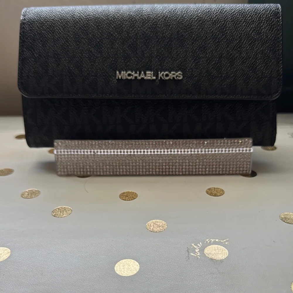 Michael Kors Black Leather Wristlet with Gold Accents